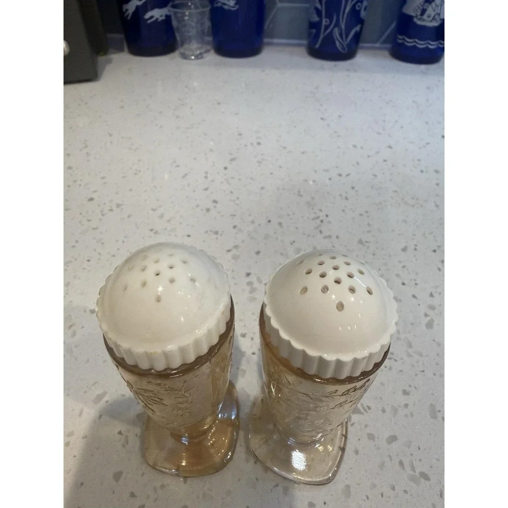 Jeannette Glass Floragold Salt And Pepper Shakers Good Lids Depression Glass